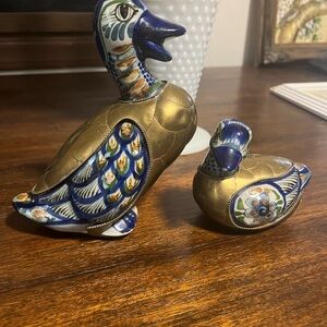Handcrafted Ceramic Duck Figurines - Blue and Gold Tonala Mexican